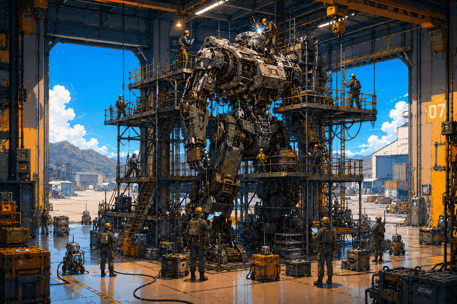 A droid under construction in an industrial assembly bay, surrounded by scaffolding and crew