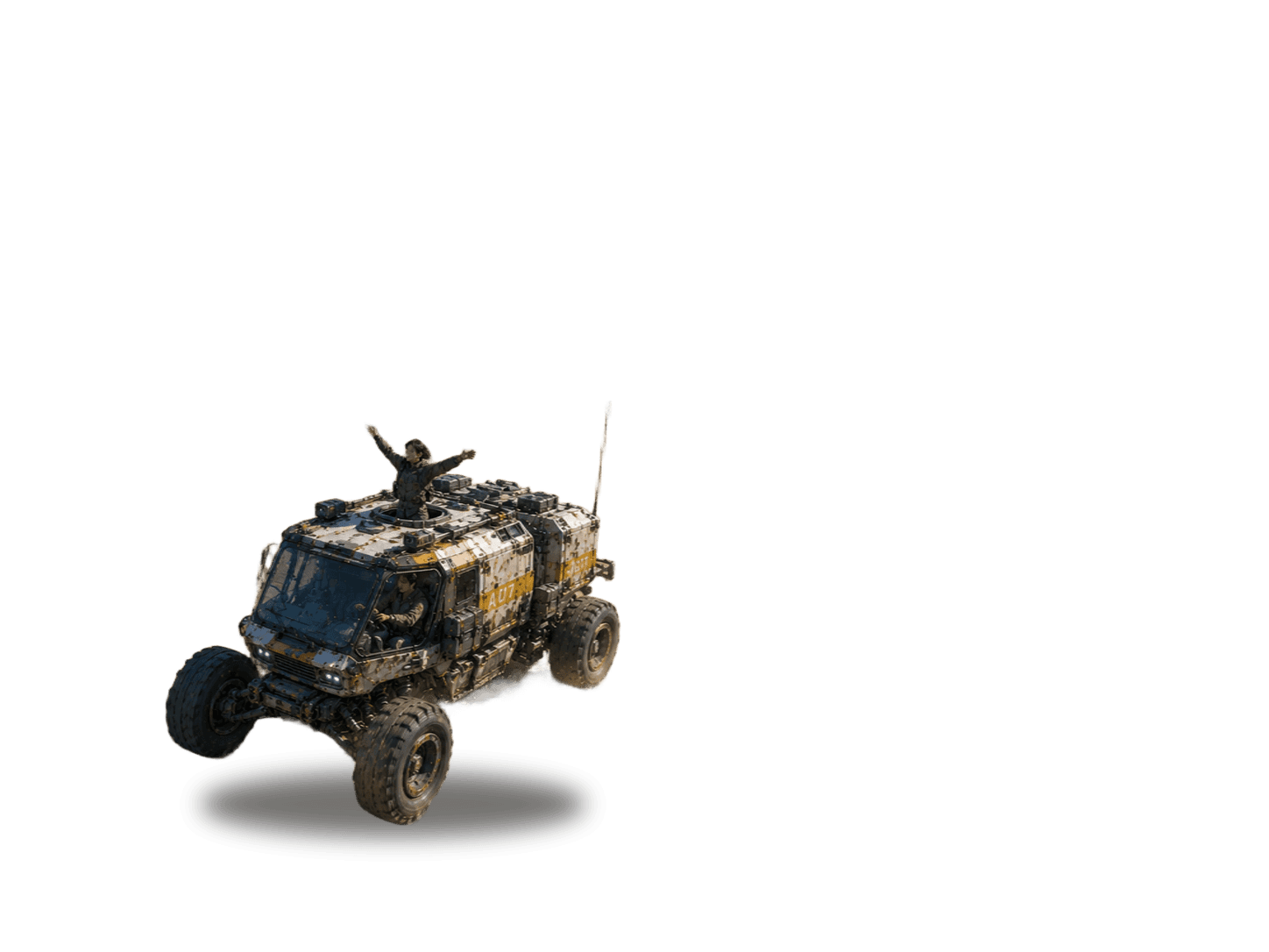 An armored droid convoy vehicle racing across open country, a rider standing through the roof hatch with arms raised